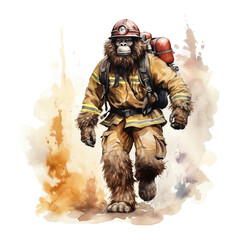 Watercolor Bigfoot, isolated, Sasquatch Fireman: With hose and fire extinguisher, watercolour style on white background