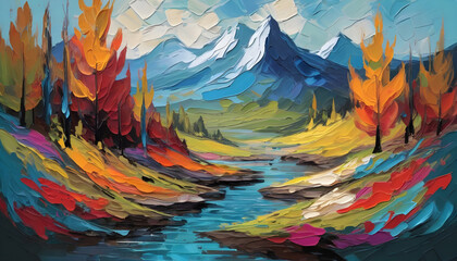 Colorful autumn landscape with lake, mountains and trees. Generative AI