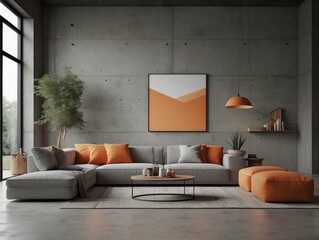 Grey sofa with orange and white pillows against concrete wall with shelving unit. Scandinavian home
