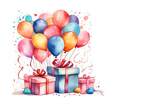 Birthday greeting card with place for text. Gift box and bouquet of colorful balloons. Watercolor illustration