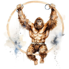 Watercolor Bigfoot, isolated, Sasquatch Gymnast: With hoop and medals, watercolour style on white background