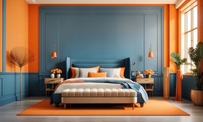 Bed and bench against orange and blue wall with copy space. Art deco interior design of modern bedroom