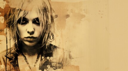 Fear emotions of the female mood represented in grunge style on a beige background with space for text and graphics
