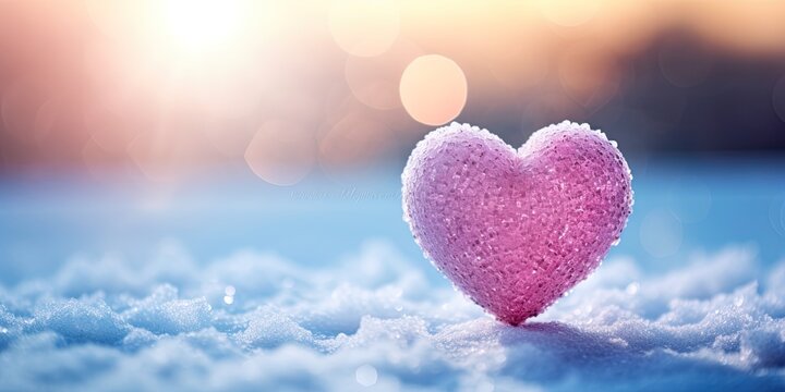 Pink shiny heart made of crystal standing on dense snow. Symbol, shape of love. Blurred bokeh. background. Card, banner for emotion, romance, friendship in cold winter. Copy space.