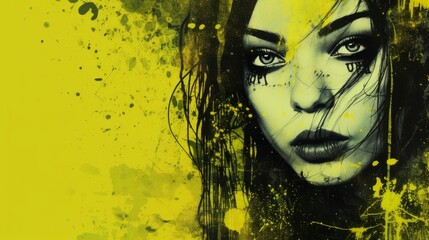 Fear emotions of the female mood represented in grunge style on a yellow background with space for text and graphics