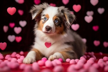 Fototapeta na wymiar Valentine's Day, cute, smart Australian Shepherd, puppy.Pink and red valentines background