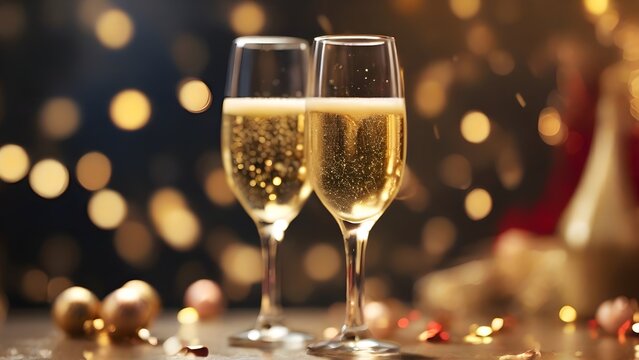 A close-up image showcasing the effervescence and golden hues of champagne in a glass against a Valentine's Day-themed background, generative AI, background image