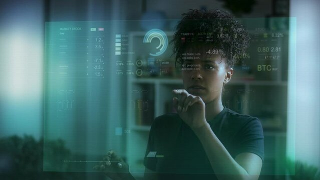 Young Female African American Broker using Virtual or Augmented Reality to Check Financial Information. Economy Charts and Figure Animations. All Content included in my portfolio.