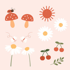 Mushroom, lady bug, daisy flower, butterfly cartoon and red cherry icon set vector. Cute wall art decoration.