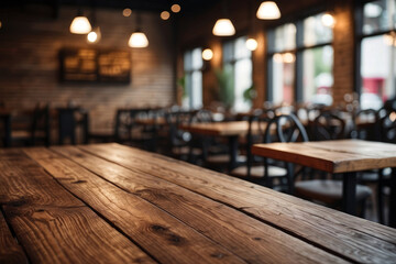 Empty wooden table with blur rustic coffee shop restaurant cafe