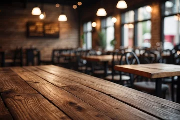 Foto op Canvas Empty wooden table with blur rustic coffee shop restaurant cafe © Nisit