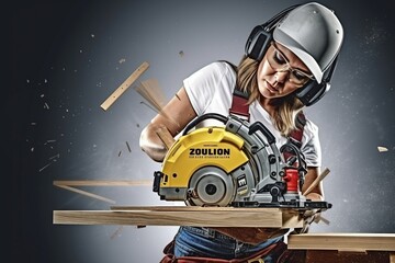 Joinery Craftswoman: Close-Up View of a Female Joiner, Tailored for Advertisements or Promotions, Offering Strategic Space for Text or Graphics - obrazy, fototapety, plakaty