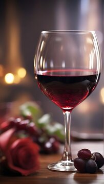 Close-up details of a glass of red wine, emphasizing the rich color and smooth texture, set against a background adorned with romantic elements, , generative AI, background image