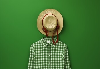 Gingham style cowboy shirt with a cowboy hat on a green background.