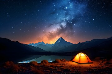 Yellow Tent Illuminated by Lights Next to the Lake -  Night Camping under a Starlit Sky - outdoor concept
