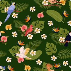 Tropical birds and plants seamless pattern.