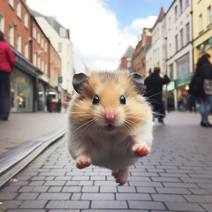 Hamster fofo correndo nas ruas da cidade com o fundo levemente desfocado - Papel de parede 