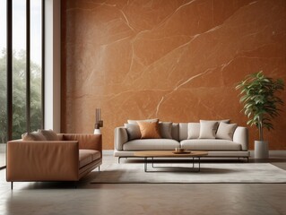hite sofa against terra cotta marble stone paneling wall with copy space. Minimalist home interior