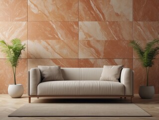 hite sofa against terra cotta marble stone paneling wall with copy space. Minimalist home interior