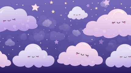 Illustration of cute clouds on a starry night background with a moon in kawaii style