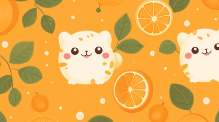 sweet kitten in kavaii style on orange background