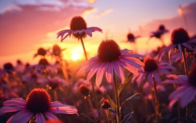 Echinacea flowers during golden hour - obrazy, fototapety, plakaty
