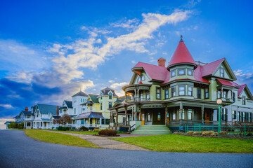 Oak Bluffs skyline at sunrise with landmark houses and dramatic winter cloudscape over the Ocean...