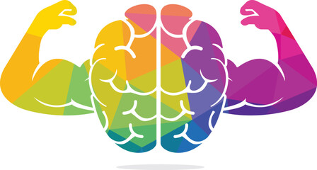 Strong brain vector logo design. Brain with strong double biceps.