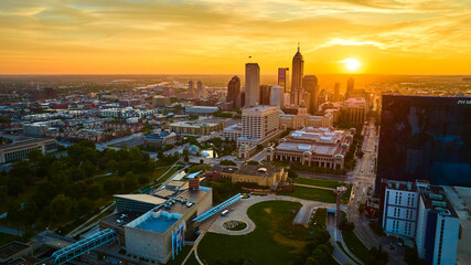 Aerial Sunset Glow on Indianapolis Skyline and River