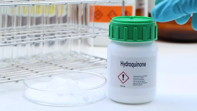 Hydroquinone in chemical container , chemical in the laboratory and industry, Raw materials used in production or analysis