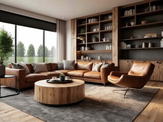 Round wood coffee table between brown leather chair and ottoman against sofa. Wall with floating shelves