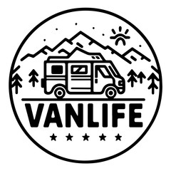 Camper motorhome mountains and forest background round logo with sign