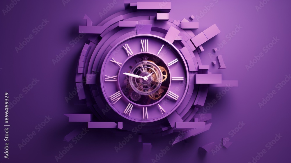 Fototapete purple clock surrounded by three-dimensional geometric figures on a purple background with space for