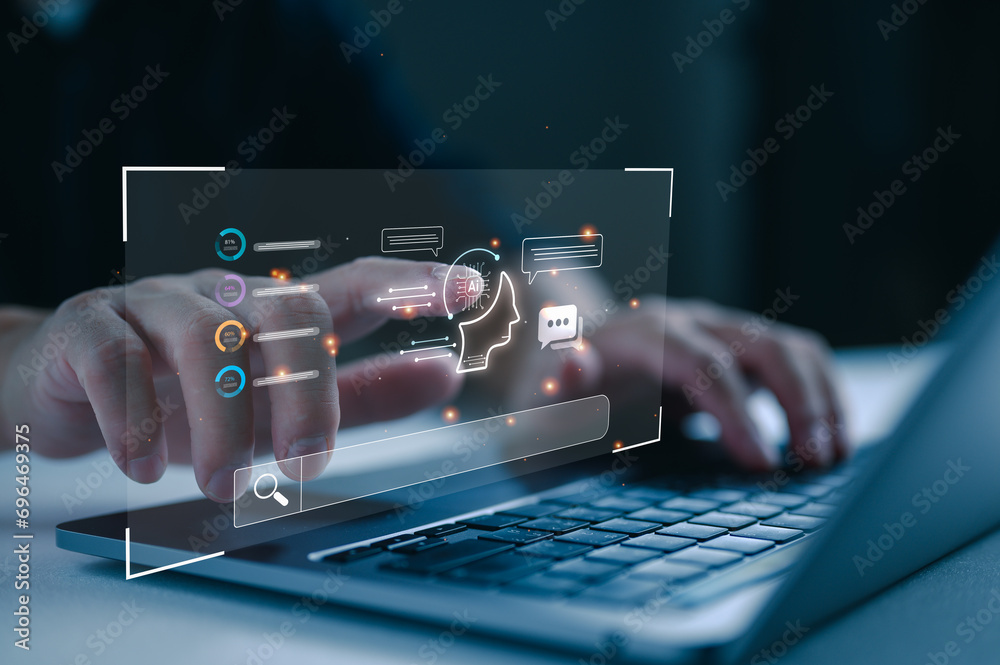 Poster Ai tech, businessman show virtual graphic Global Internet connect Chatbot Chat with AI, Artificial Intelligence. Using command prompt for generates something, Futuristic technology transformation.
