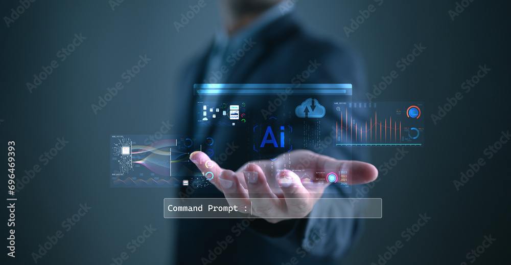 Poster ai tech, businessman show virtual graphic global internet connect with ai data analyst, artificial i