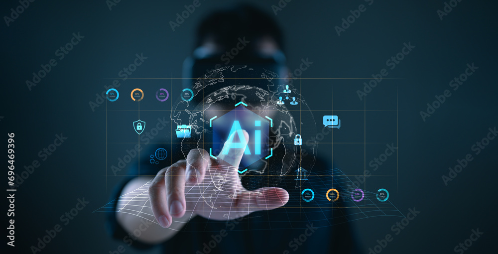 Poster Ai tech, businessman show virtual graphic Global Internet connect with AI data analyst, Artificial Intelligence. Using command prompt for calculate something, Futuristic technology transformation.