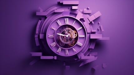 Purple clock surrounded by three-dimensional geometric figures on a purple background with space...