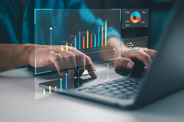 Analyst uses computer with dashboard for data business analysis, Data Management System with KPI...