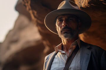 a man wearing hat standing in a rock canyon - Powered by Adobe