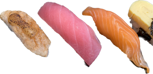 Mixed sushi isolated on white background, Otoro sushi, Salmon Sushi, tamago sushi