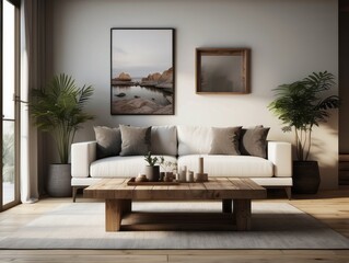 Rustic coffee table near white fabric sofa against window. Japanese style home interior