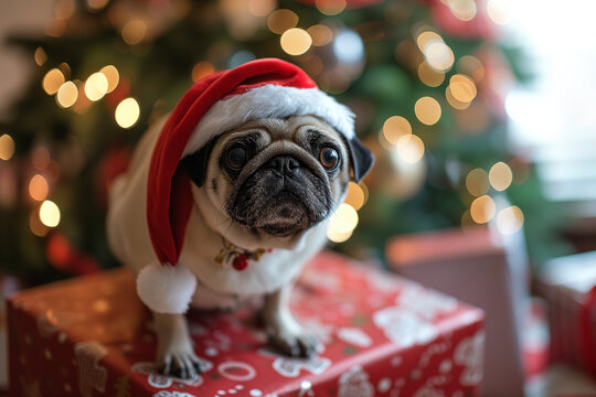 Fotografía de Stock de un perro pug con ojos brillantes y un gorro de Papá Noel sentado en un regalo de Navidad junto al árbol de Navidad