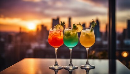 Sunset Cityscape with Colorful Cocktails on Rooftop Bar
