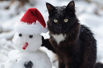Fotografía de Stock de un gato negro con ojos brillantes y un sombrero de Santa Claus sentado sobre un muñeco de nieve