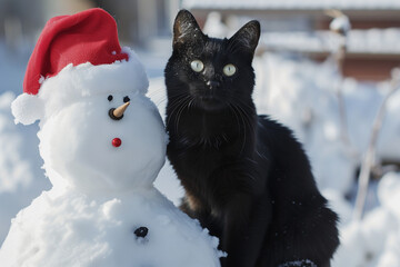Fotografía de Stock de un gato negro con ojos brillantes y un sombrero de Santa Claus sentado sobre un muñeco de nieve