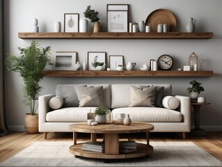 White sofa with fringed pillows and knitted blanket. Boho home interior design of modern living room