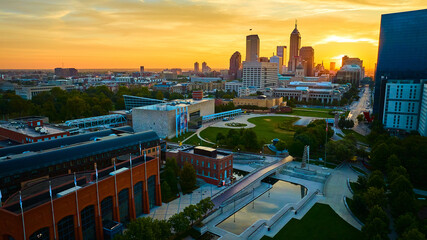 Aerial Indianapolis Skyline at Golden Hour with Urban Park and River