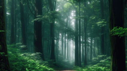 mysterious forest in the fog