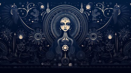 background with woman clock and stars on indigo background