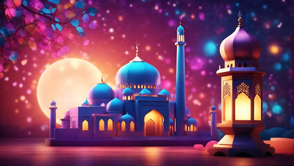 Photo colorful mosque and lantern with glowing evening light night in ramadan 3d illustration